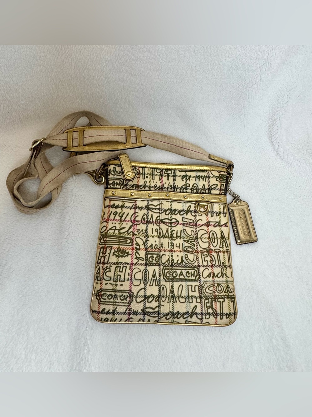 Coach Scribble Plaid Crossbody Bag Gold Trim Y2K Style 10993